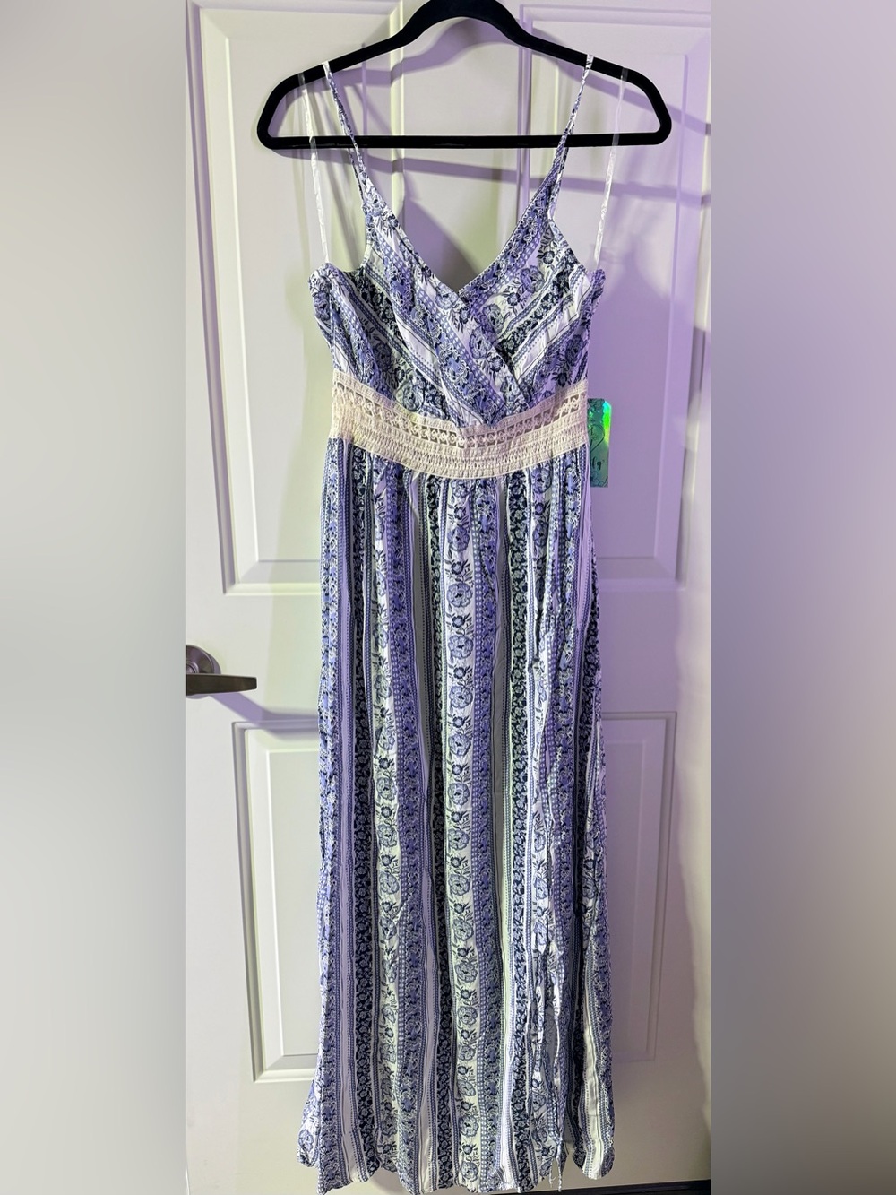 NWTs Justify Blue and White Floral Maxi Dress with Crochet Detail- medium